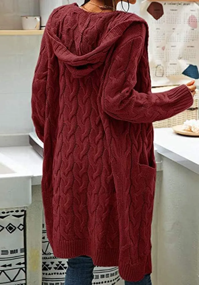 Women Hooded Open Front Cardigan Cable Knit Sweaters Solid Color Chunky Long Sweater Coats