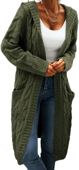 Women Hooded Open Front Cardigan Cable Knit Sweaters Solid Color Chunky Long Sweater Coats