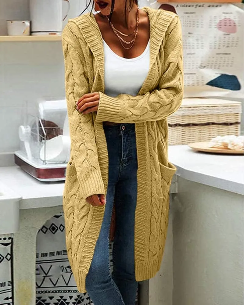 Women Hooded Open Front Cardigan Cable Knit Sweaters Solid Color Chunky Long Sweater Coats