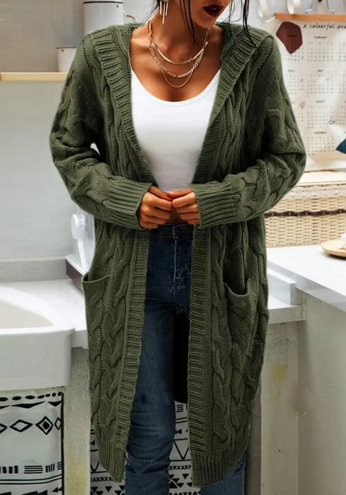 Women Hooded Open Front Cardigan Cable Knit Sweaters Solid Color Chunky Long Sweater Coats