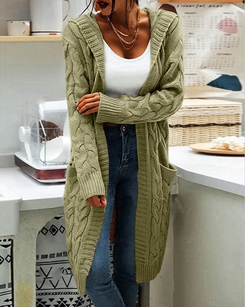 Women Hooded Open Front Cardigan Cable Knit Sweaters Solid Color Chunky Long Sweater Coats