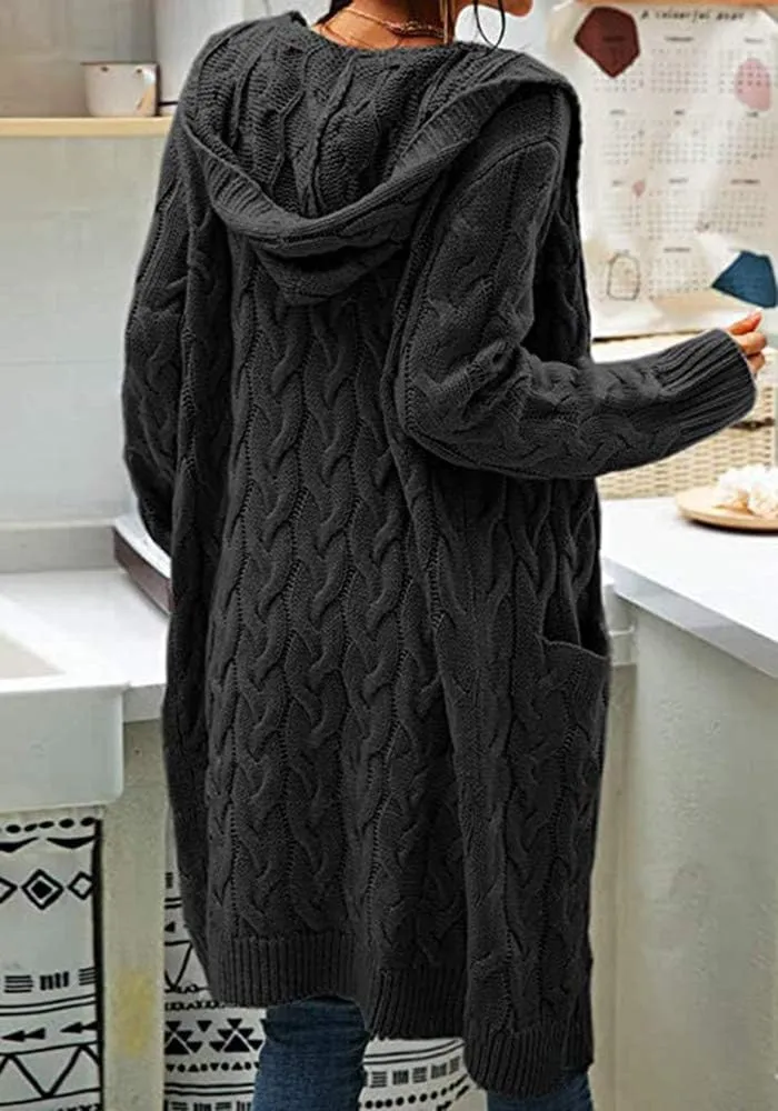 Women Hooded Open Front Cardigan Cable Knit Sweaters Solid Color Chunky Long Sweater Coats