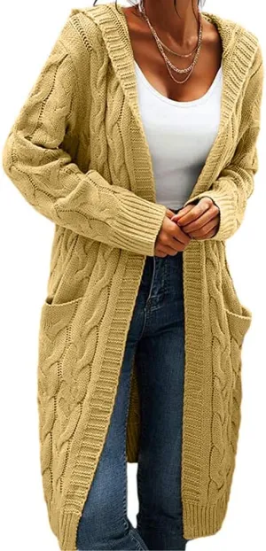 Women Hooded Open Front Cardigan Cable Knit Sweaters Solid Color Chunky Long Sweater Coats