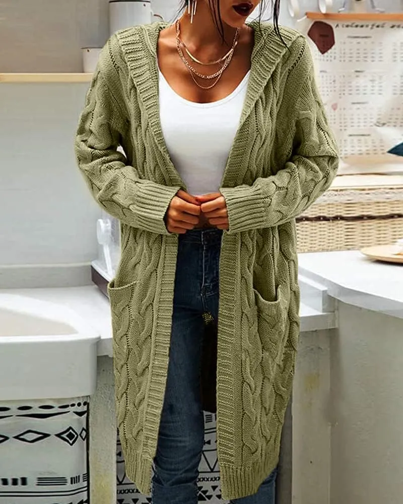 Women Hooded Open Front Cardigan Cable Knit Sweaters Solid Color Chunky Long Sweater Coats