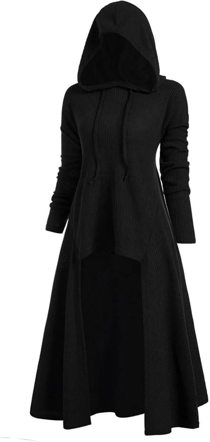 Women Hooded Sweatshirt Dress Long Sleeve Medieval High Low Cloak Robe Renaissance Gothic Steampunk Hoodie Dresses
