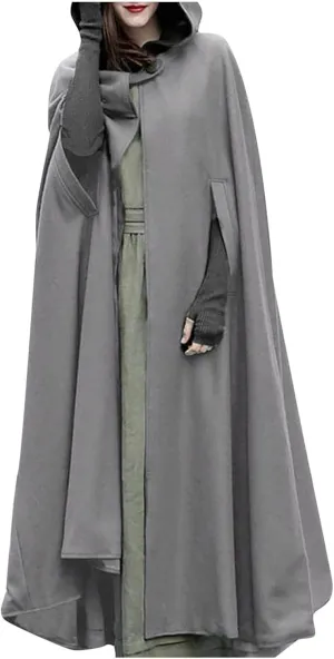 Women Hooded Trench Coat Open Front Cardigan Jacket Coat Vintage Cape Cloak with Hood Long Poncho Cosplay Costume