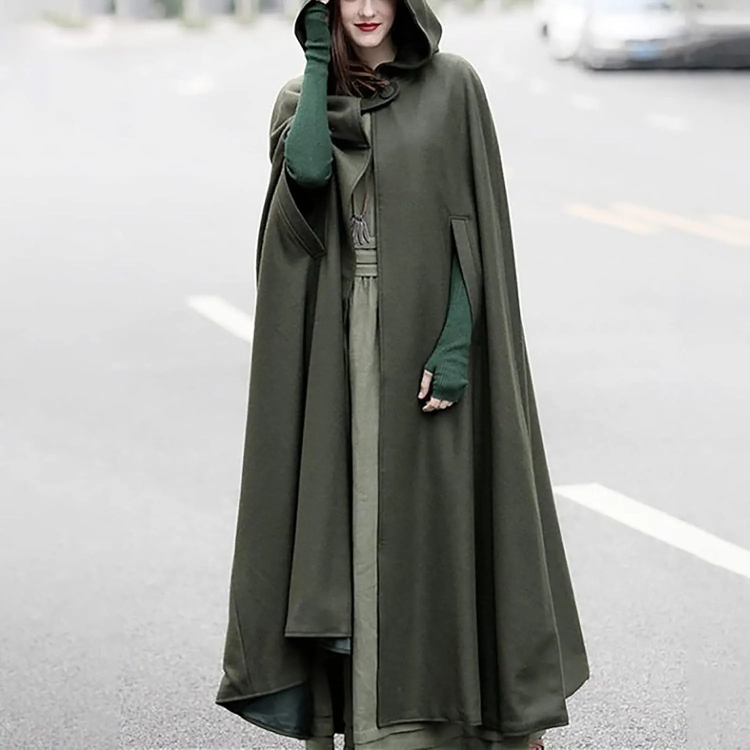 Women Hooded Trench Coat Open Front Cardigan Jacket Coat Vintage Cape Cloak with Hood Long Poncho Cosplay Costume