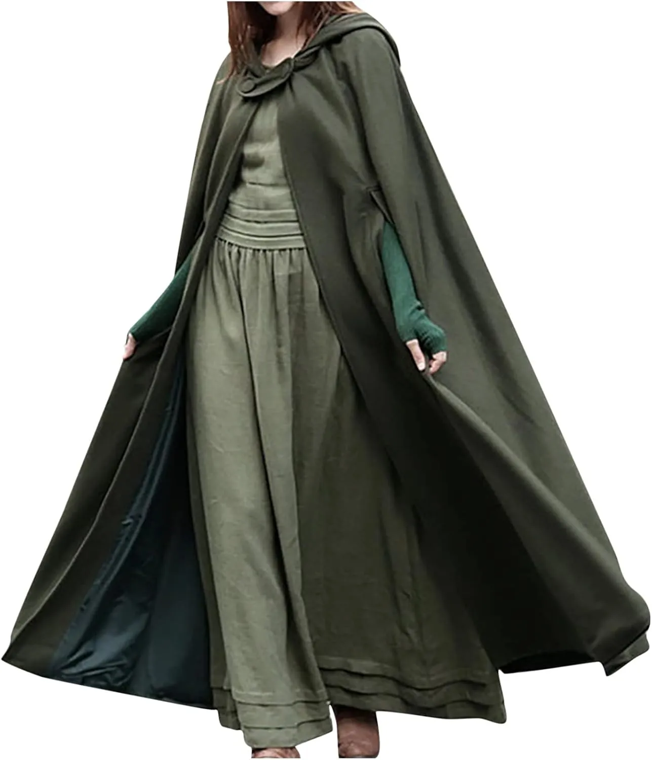 Women Hooded Trench Coat Open Front Cardigan Jacket Coat Vintage Cape Cloak with Hood Long Poncho Cosplay Costume