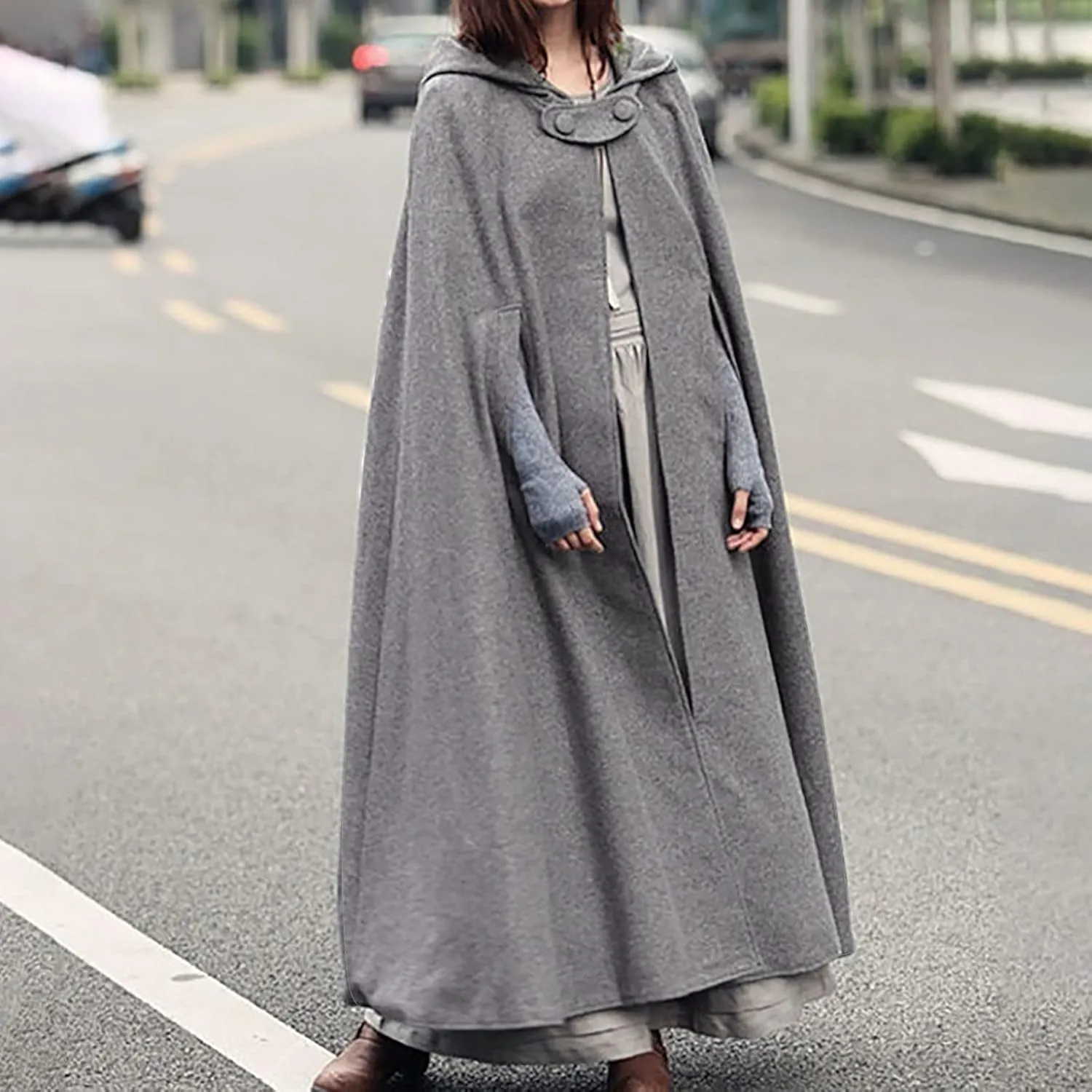 Women Hooded Trench Coat Open Front Cardigan Jacket Coat Vintage Cape Cloak with Hood Long Poncho Cosplay Costume