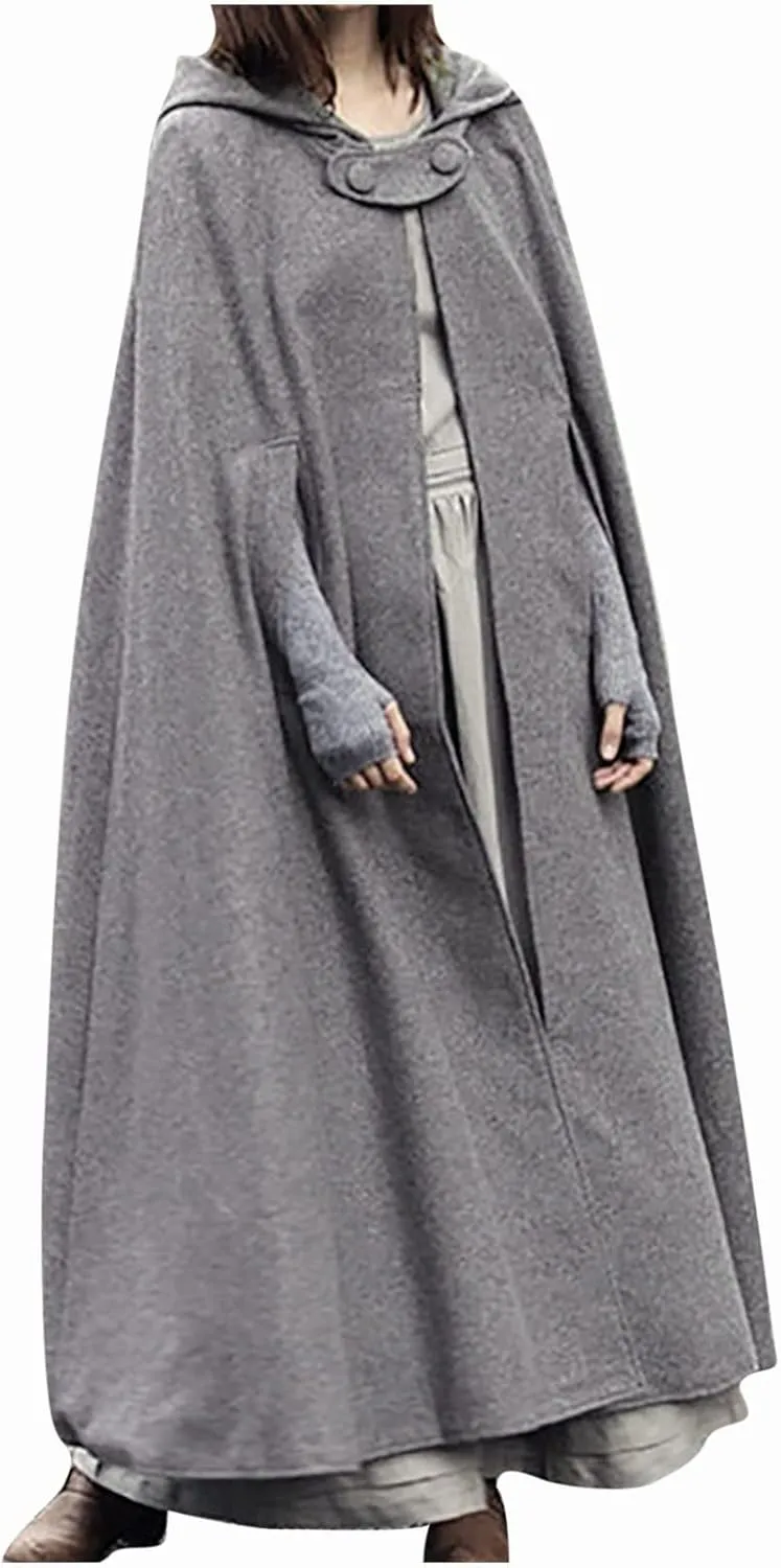 Women Hooded Trench Coat Open Front Cardigan Jacket Coat Vintage Cape Cloak with Hood Long Poncho Cosplay Costume