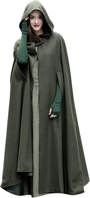 Women Hooded Trench Coat Open Front Cardigan Jacket Coat Vintage Cape Cloak with Hood Long Poncho Cosplay Costume