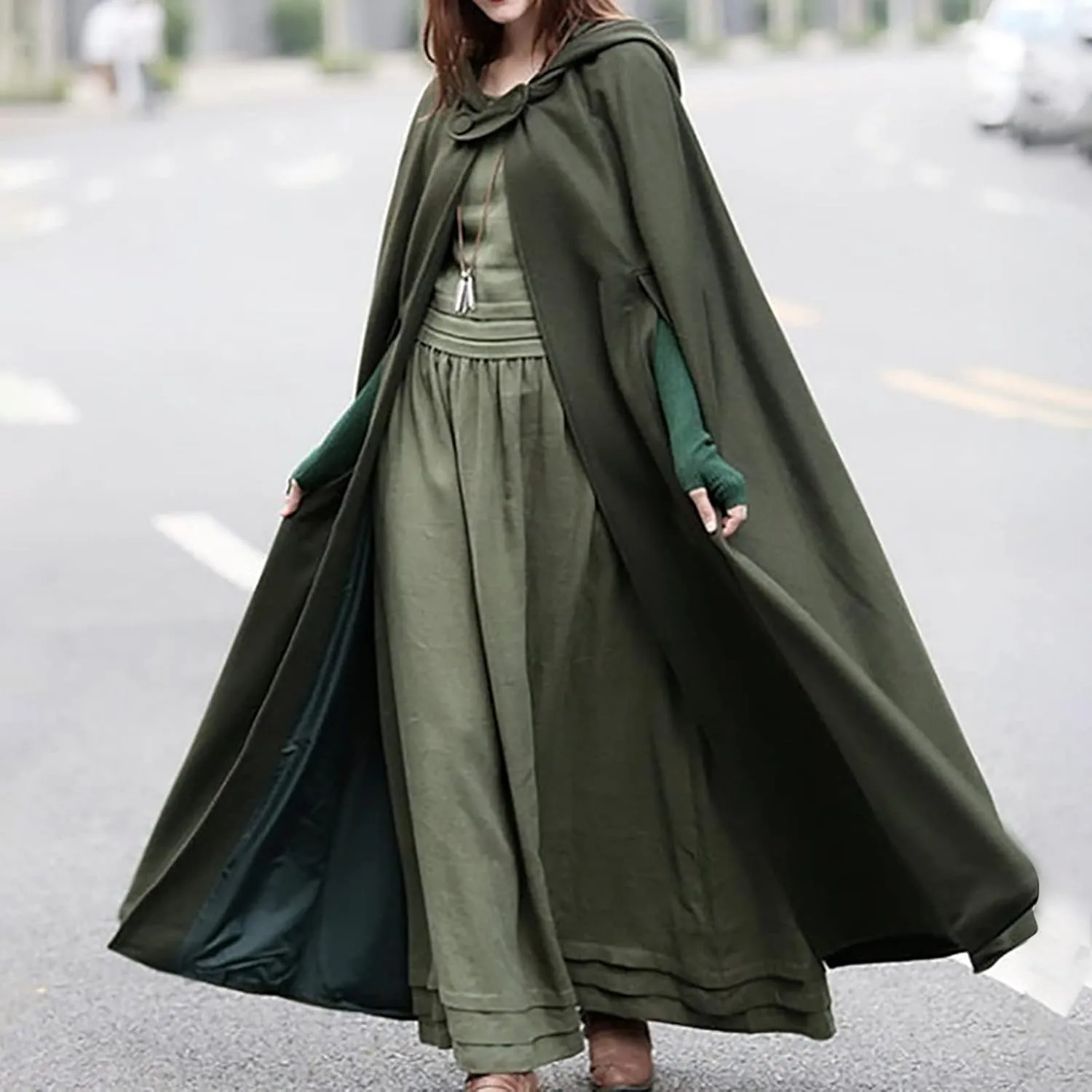 Women Hooded Trench Coat Open Front Cardigan Jacket Coat Vintage Cape Cloak with Hood Long Poncho Cosplay Costume