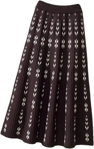 Women Knitted Long Skirt Autumn Winter Warm Vintage Geometric Print A Line High Waist Pleated Midi Skirt