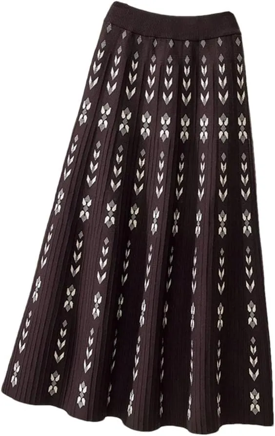Women Knitted Long Skirt Autumn Winter Warm Vintage Geometric Print A Line High Waist Pleated Midi Skirt