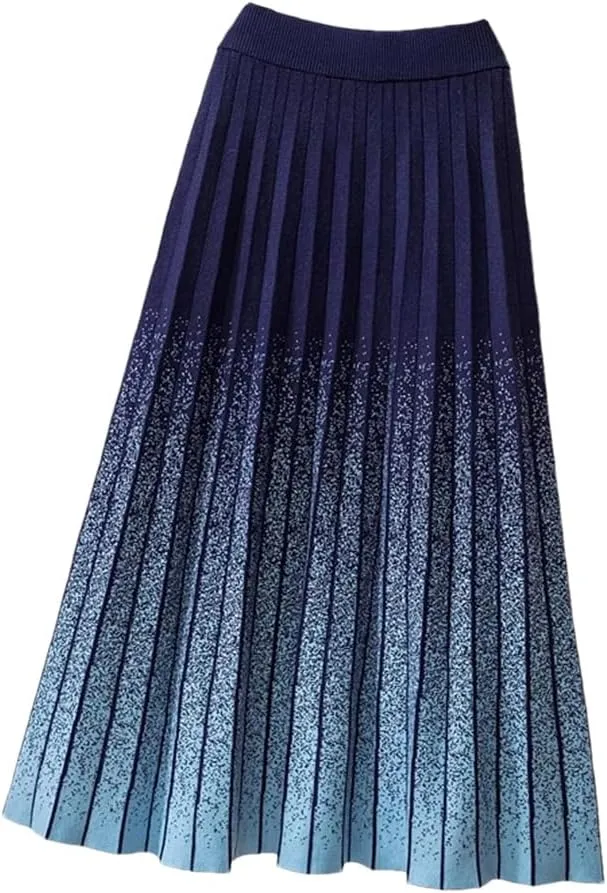 Women Knitted Long Skirt Fall Winter Thick Warm Aesthetic Gradient A Line High Waist Pleated Midi Skirt