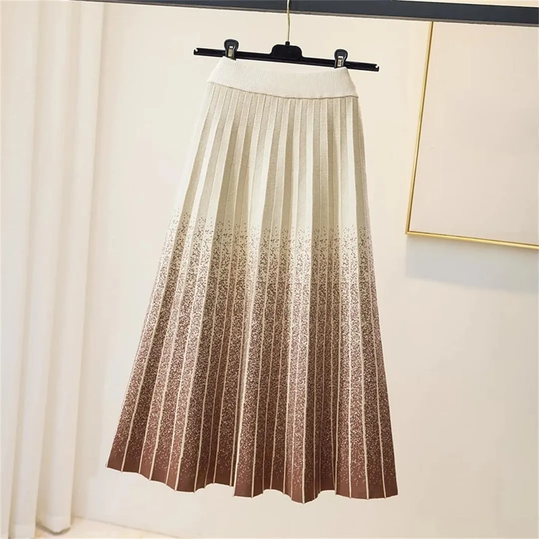 Women Knitted Long Skirt Fall Winter Thick Warm Aesthetic Gradient A Line High Waist Pleated Midi Skirt