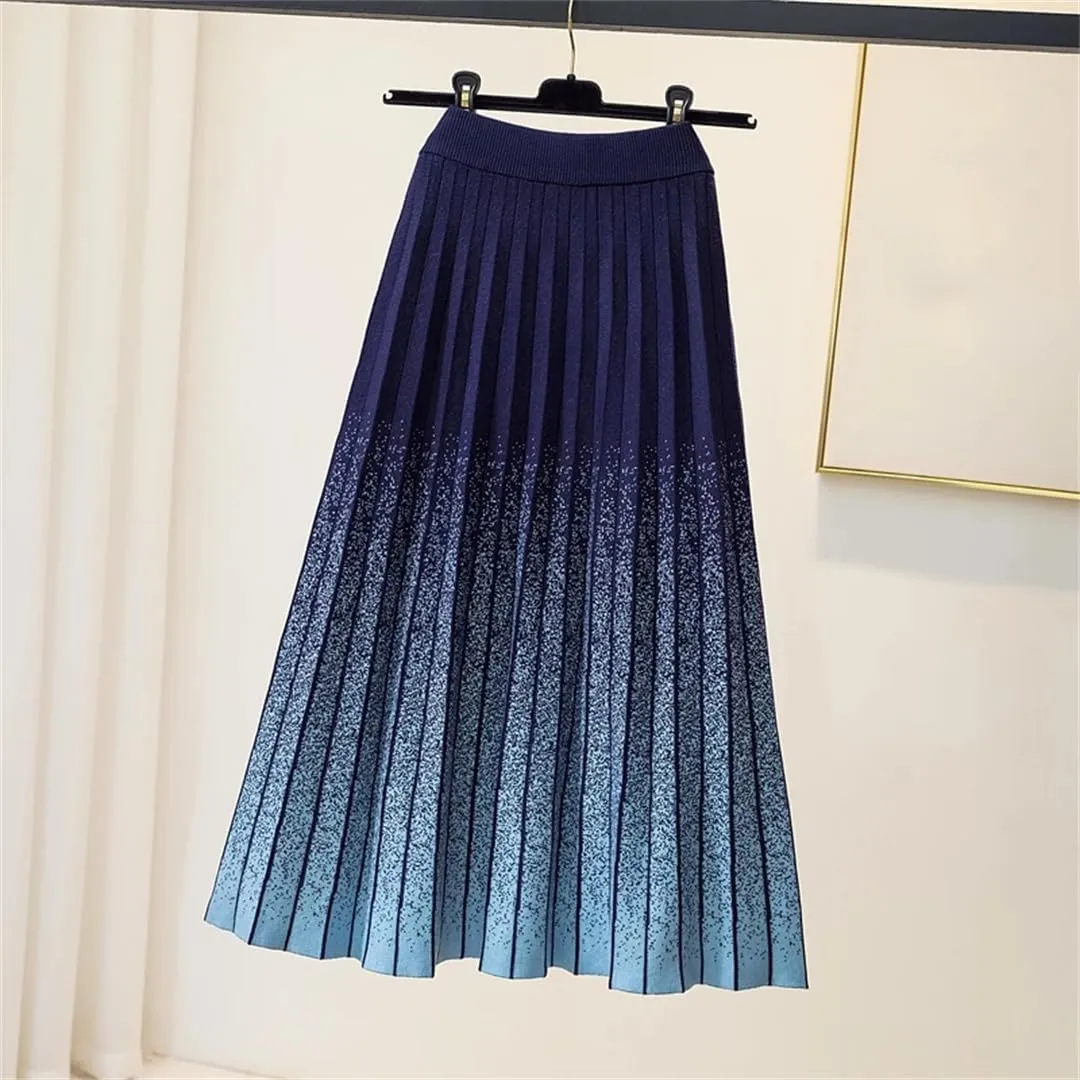 Women Knitted Long Skirt Fall Winter Thick Warm Aesthetic Gradient A Line High Waist Pleated Midi Skirt