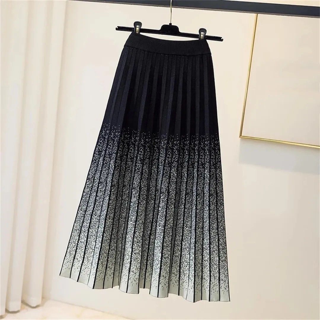 Women Knitted Long Skirt Fall Winter Thick Warm Aesthetic Gradient A Line High Waist Pleated Midi Skirt