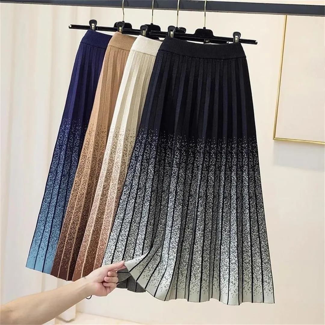 Women Knitted Long Skirt Fall Winter Thick Warm Aesthetic Gradient A Line High Waist Pleated Midi Skirt