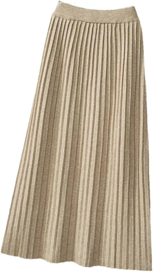 Women Knitted Long Skirt Fall Winter Thick Warm Korean Solid A Line High Waist Pleated Midi Skirt