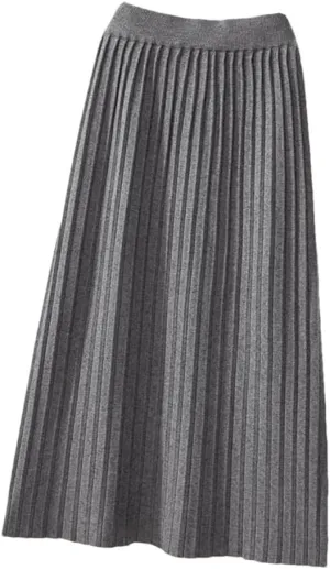 Women Knitted Long Skirt Fall Winter Thick Warm Korean Solid A Line High Waist Pleated Midi Skirt