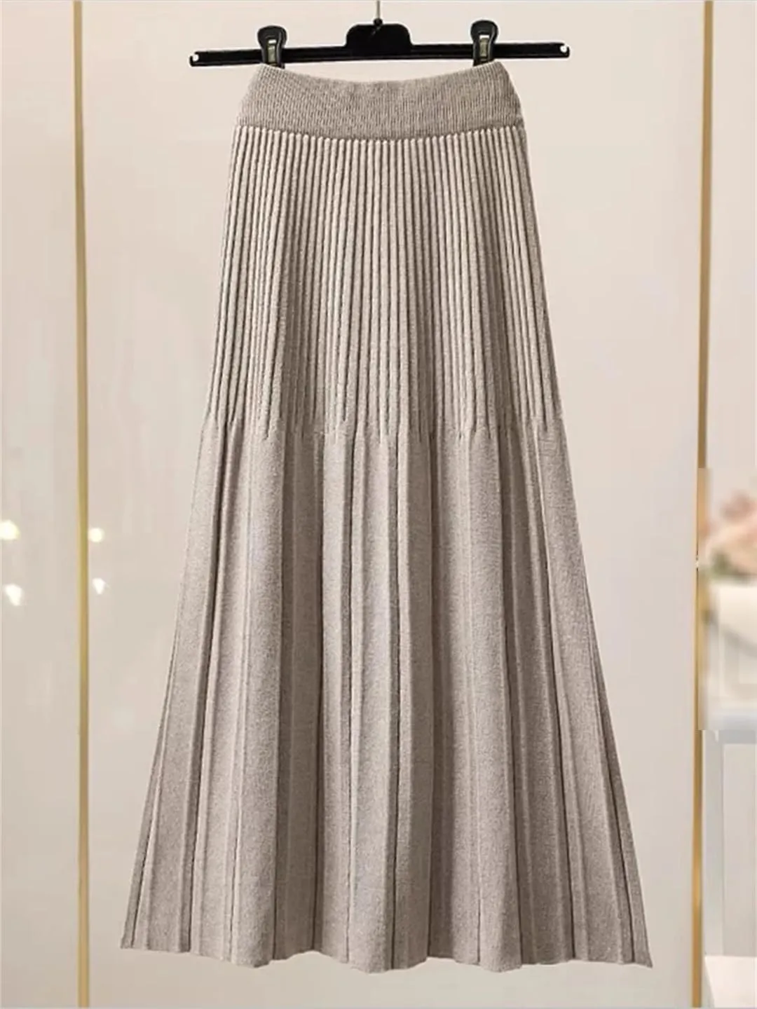 Women Knitted Midi Long Skirt Autumn Winter Thick Warm A Line High Waist Mid-Length Pleated Skirt