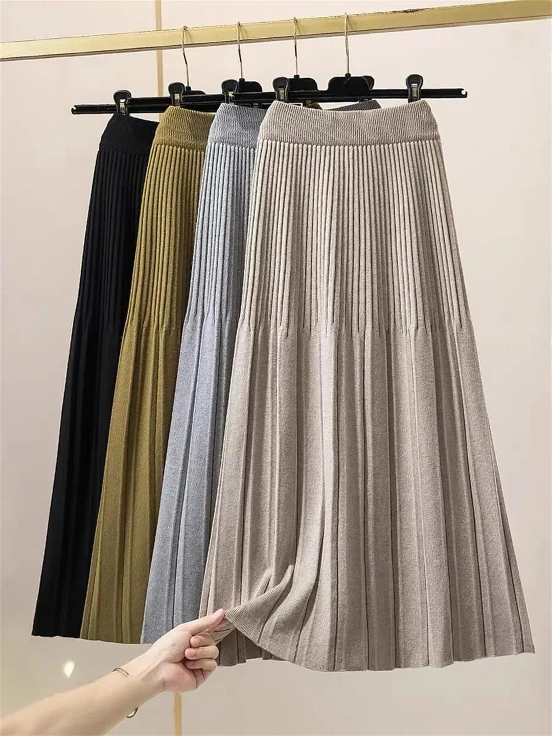 Women Knitted Midi Long Skirt Autumn Winter Thick Warm A Line High Waist Mid-Length Pleated Skirt