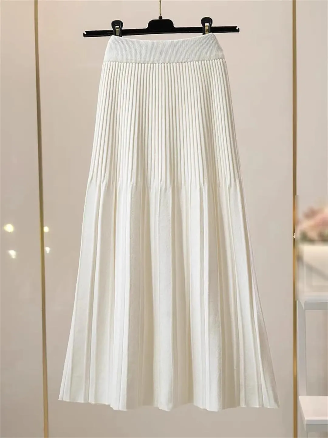 Women Knitted Midi Long Skirt Autumn Winter Thick Warm A Line High Waist Mid-Length Pleated Skirt