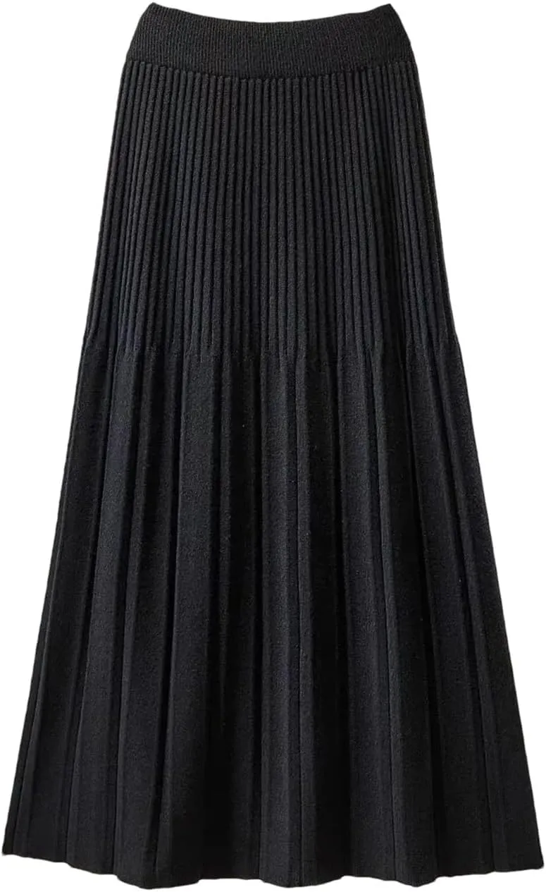 Women Knitted Midi Long Skirt Autumn Winter Thick Warm A Line High Waist Mid-Length Pleated Skirt