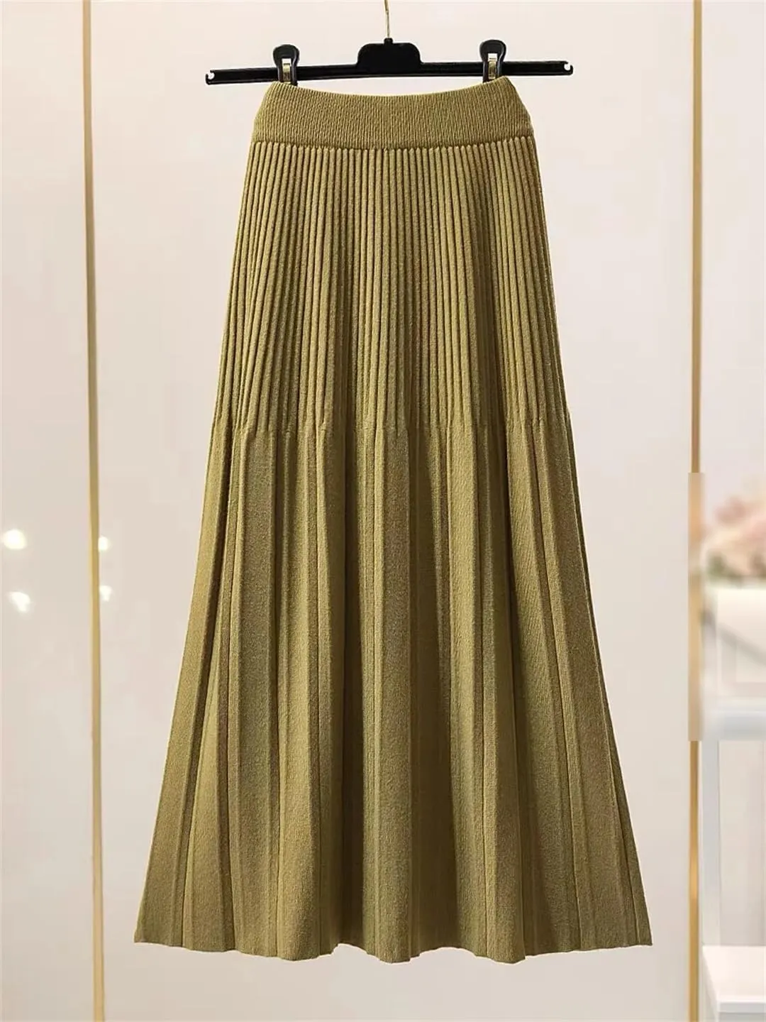 Women Knitted Midi Long Skirt Autumn Winter Thick Warm A Line High Waist Mid-Length Pleated Skirt