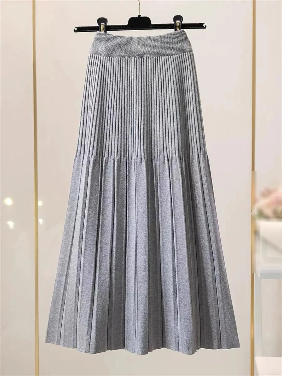 Women Knitted Midi Long Skirt Autumn Winter Thick Warm A Line High Waist Mid-Length Pleated Skirt