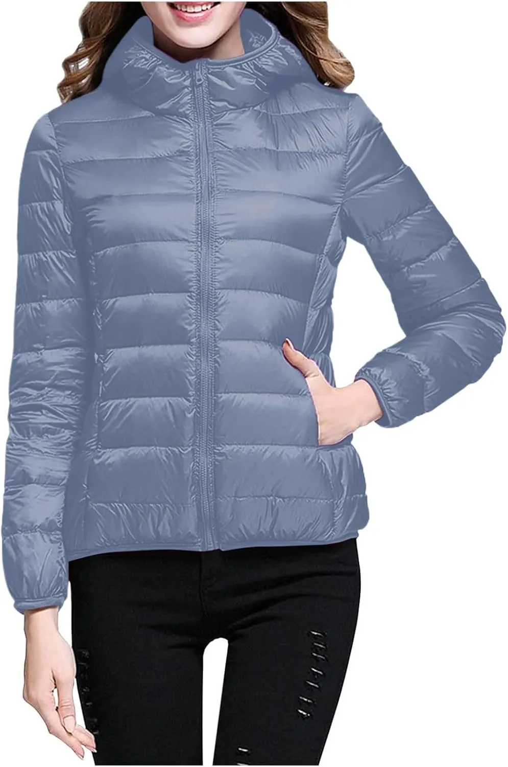 Women Lightweight Short Puffer Jacket Zip Long Sleeve Packable Hooded Down Coats Slim Winter Warm Cropped Outwear