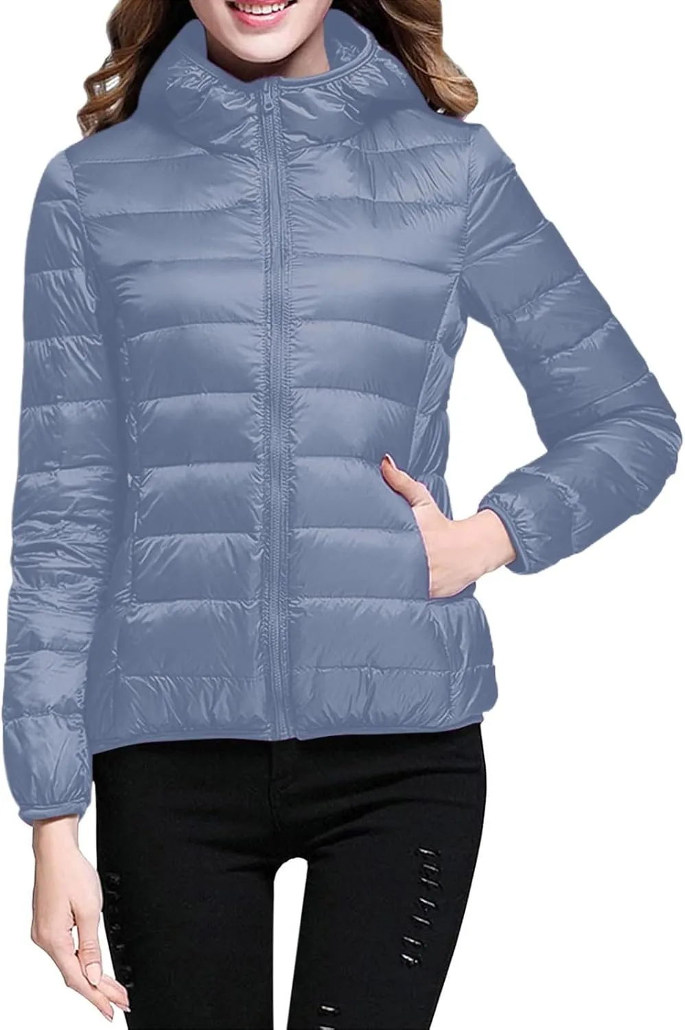 Women Lightweight Short Puffer Jacket Zip Long Sleeve Packable Hooded Down Coats Slim Winter Warm Cropped Outwear