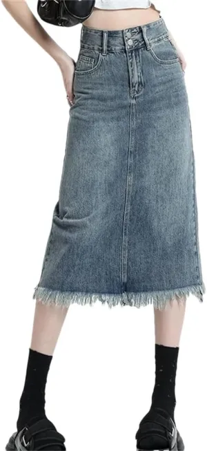 Women Midi Denim Skirts Retro Soft A-Line Tassel High Waisted Distressed All-Match Denim Skirts