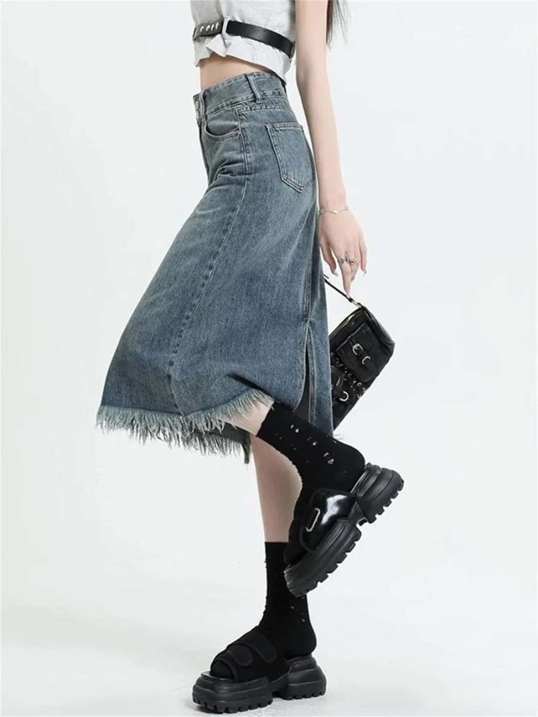 Women Midi Denim Skirts Retro Soft A-Line Tassel High Waisted Distressed All-Match Denim Skirts