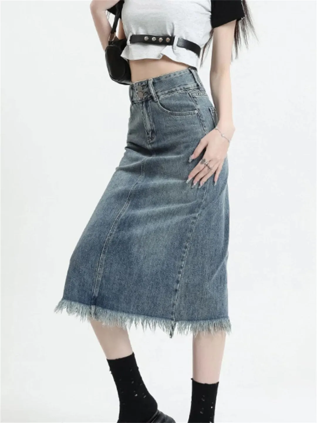 Women Midi Denim Skirts Retro Soft A-Line Tassel High Waisted Distressed All-Match Denim Skirts