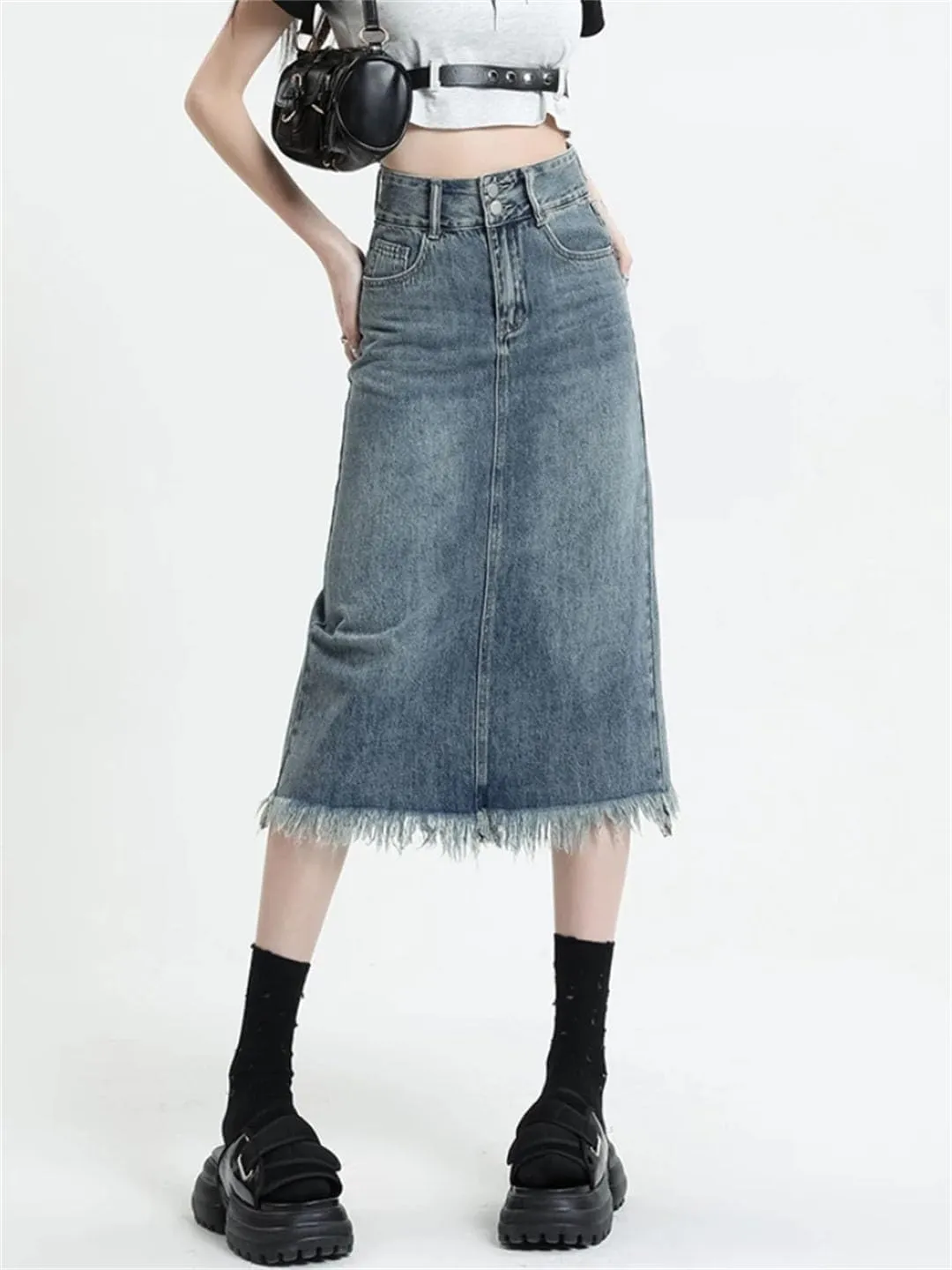 Women Midi Denim Skirts Retro Soft A-Line Tassel High Waisted Distressed All-Match Denim Skirts