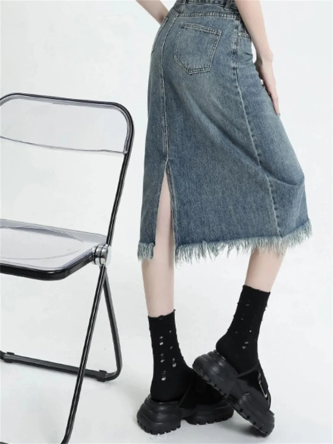 Women Midi Denim Skirts Retro Soft A-Line Tassel High Waisted Distressed All-Match Denim Skirts