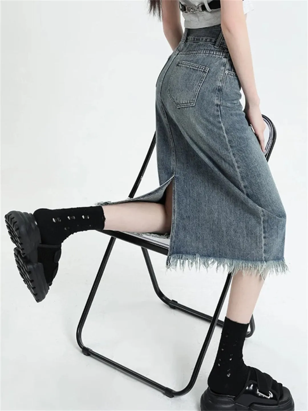 Women Midi Denim Skirts Retro Soft A-Line Tassel High Waisted Distressed All-Match Denim Skirts