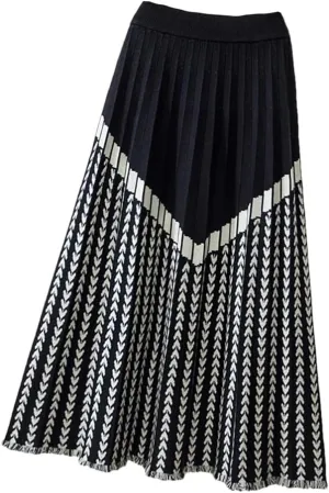 Women Midi Long Knitted Skirt Autumn Winter Thick Warm Geometric Print A Line High Waist Pleated Skirt