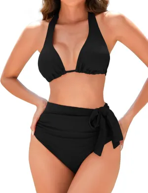 Women Modest Tummy Control Bikini Set High Waisted Ruched Bathing Suit Halter Tie Side Swimsuit