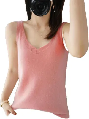 Women Pore Wool V-Neck Vest Cardigan Sleeveless Sweater Soft Simple Style Cashmere Knitwear Camisole