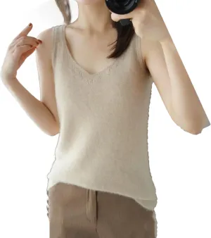 Women Pore Wool V-Neck Vest Cardigan Sleeveless Sweater Soft Simple Style Cashmere Knitwear Camisole
