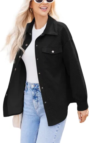 Women Shacket Jacket with Pockets Casual Fall Coat Long Sleeve Shirts Button Down Collared Winnter Clothes