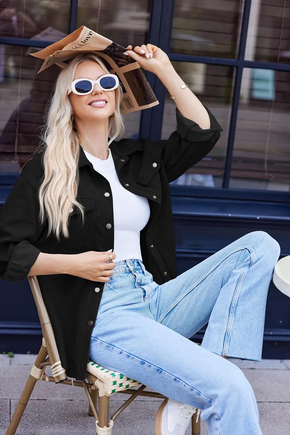 Women Shacket Jacket with Pockets Casual Fall Coat Long Sleeve Shirts Button Down Collared Winnter Clothes