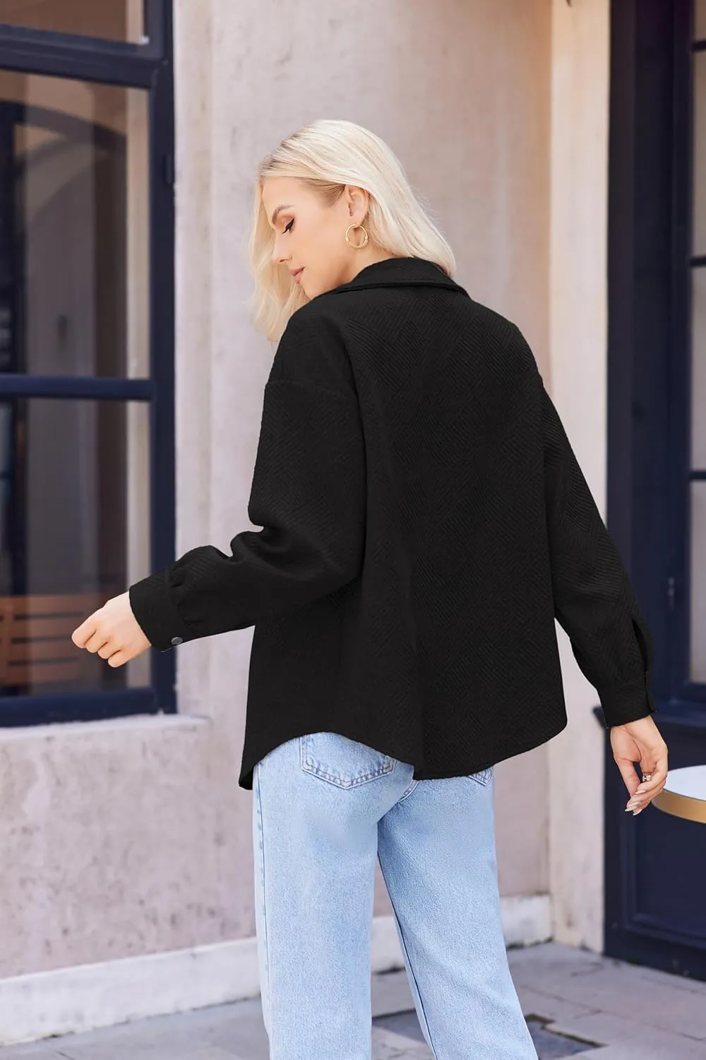 Women Shacket Jacket with Pockets Casual Fall Coat Long Sleeve Shirts Button Down Collared Winnter Clothes