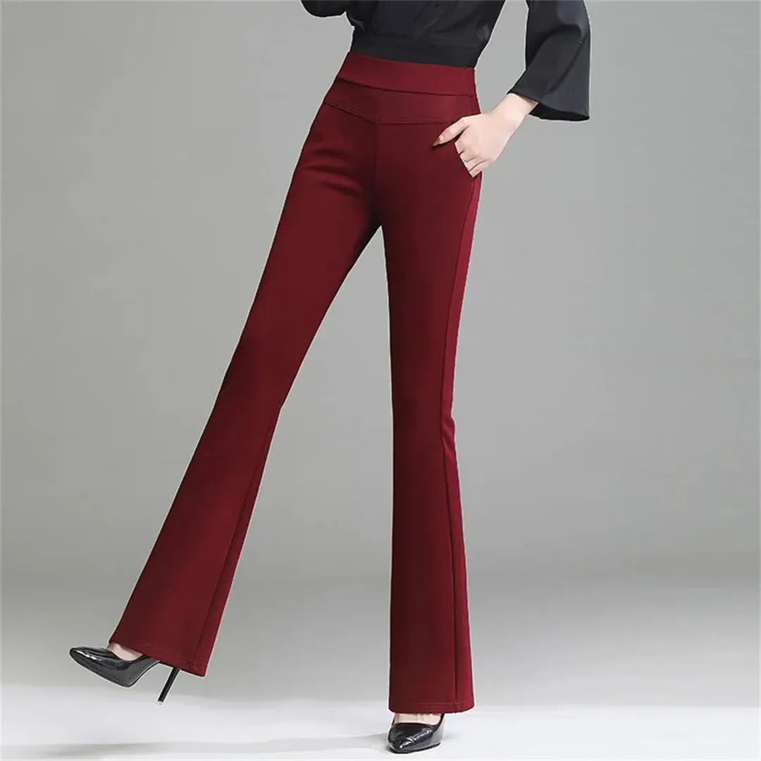 Women Spring Plus Size Stretch Flare Pants Office Lady Elegant Suit Flared Trousers Elastic Band Waist
