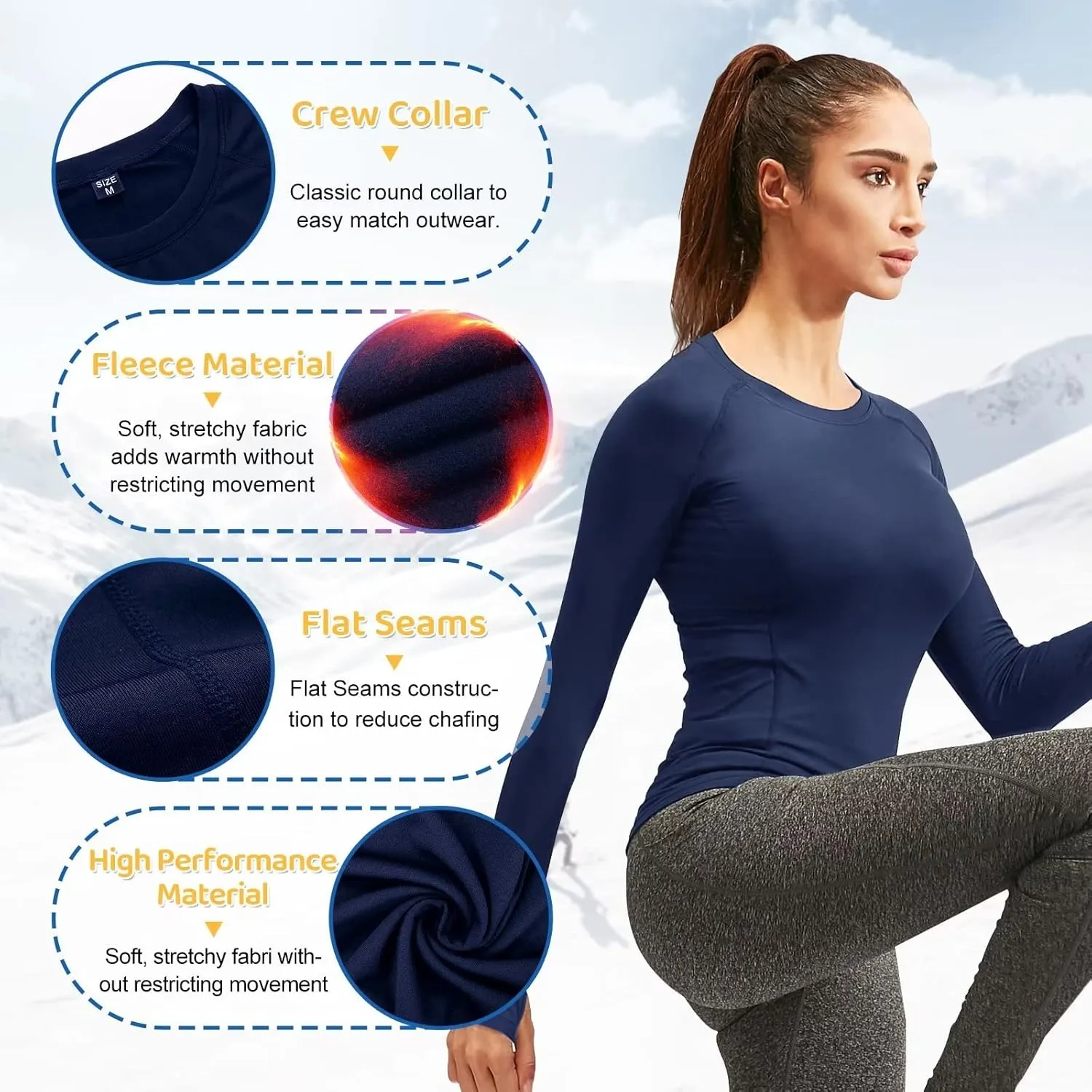 Women Thermal Top Thumbholes Fleece Ski Base Layer UPF 50  Long Sleeve Compression Shirts Running,Warm,Quick Dry