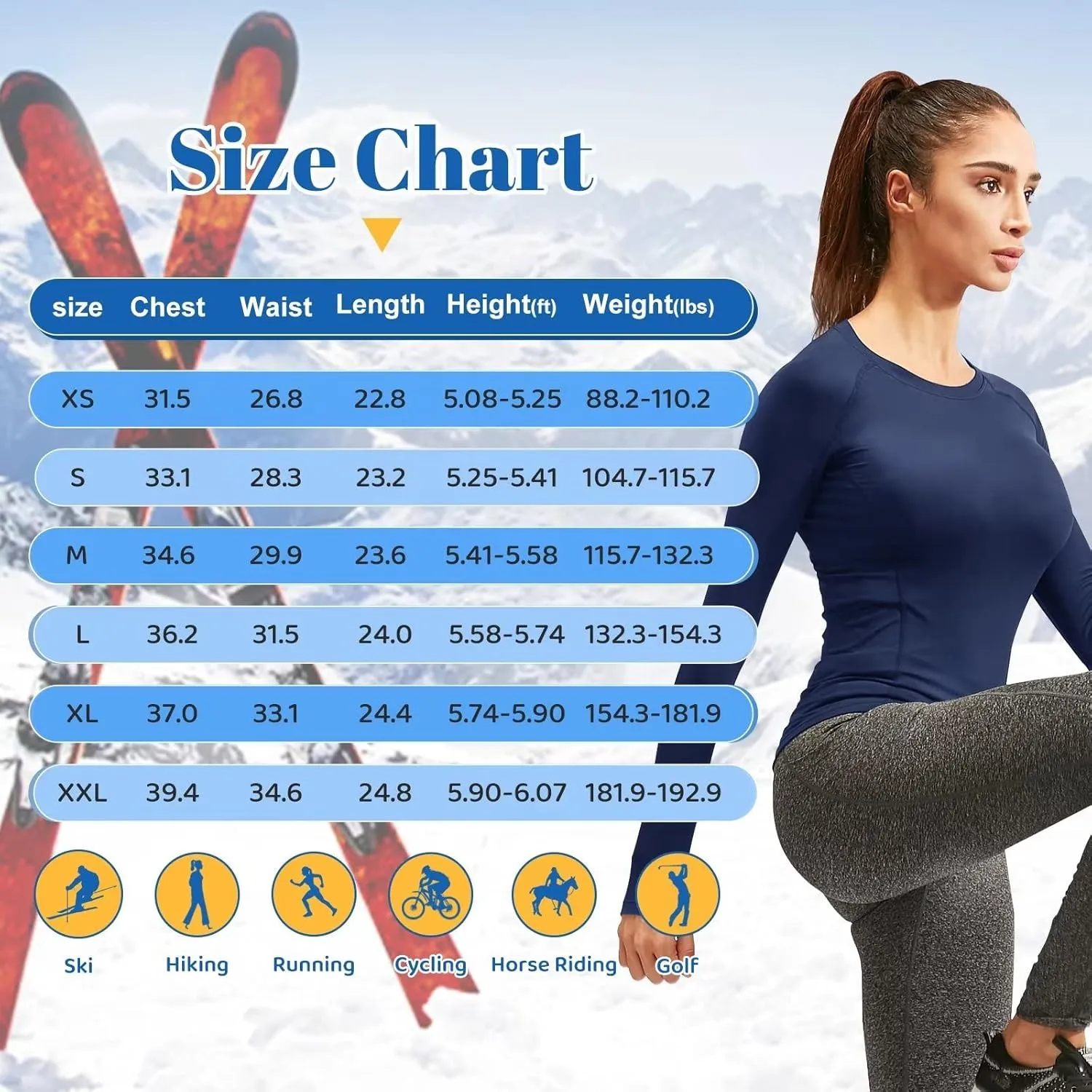 Women Thermal Top Thumbholes Fleece Ski Base Layer UPF 50  Long Sleeve Compression Shirts Running,Warm,Quick Dry