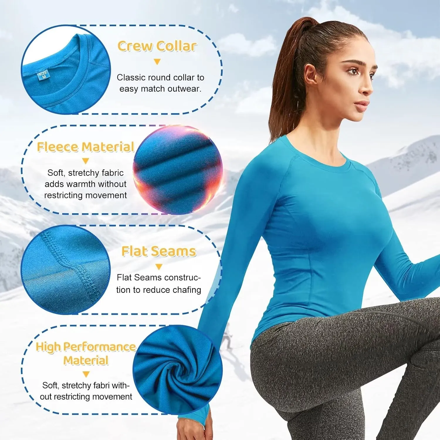 Women Thermal Top Thumbholes Fleece Ski Base Layer UPF 50  Long Sleeve Compression Shirts Running,Warm,Quick Dry